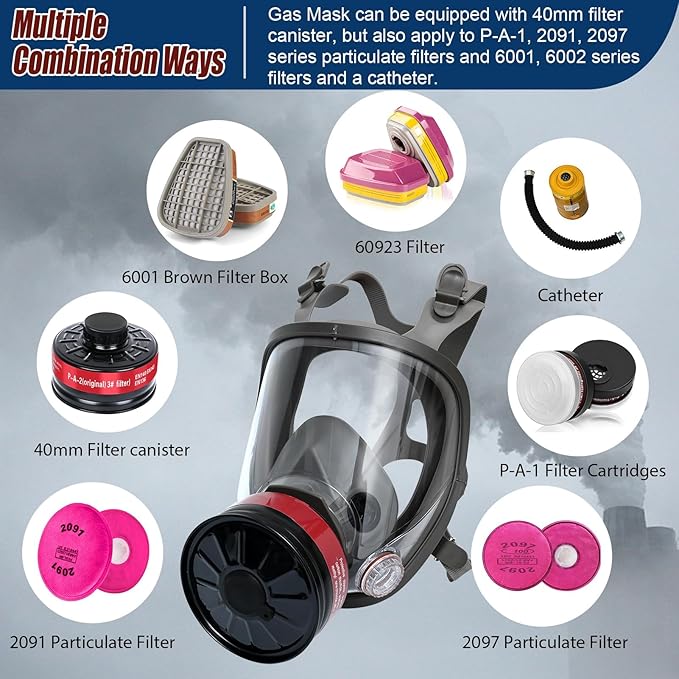 Gas Mask Survival Nuclear and Chemical - Respirator with 40mm Activated Carbon Filter, Full Face Reusable Respirator Mask for Chemicals, Gases,Dust,Organic Vapors,Fumes,Spray,Welding,Painting