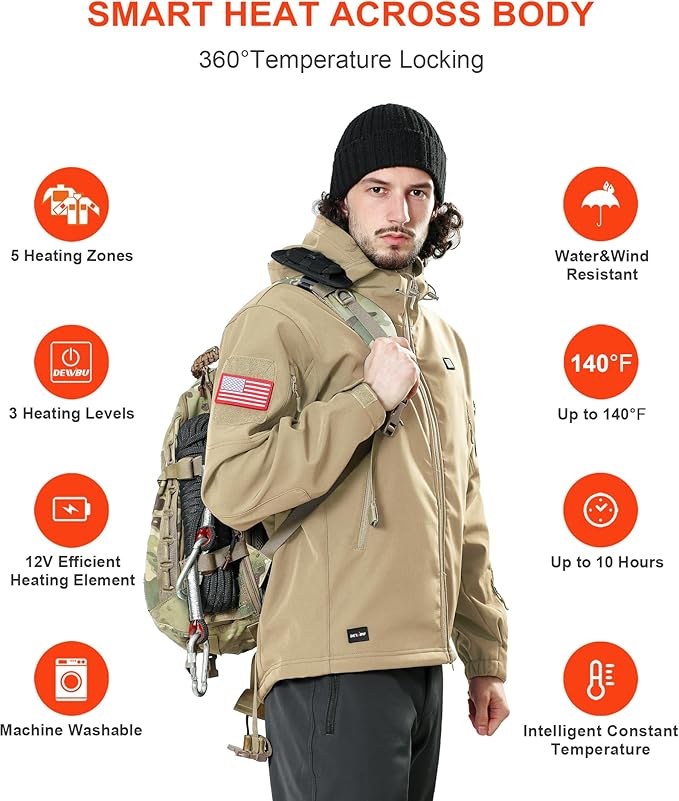 DEWBU Heated Jacket for Men with 12V Battery Pack Winter Outdoor Soft Shell Electric Heating Coat