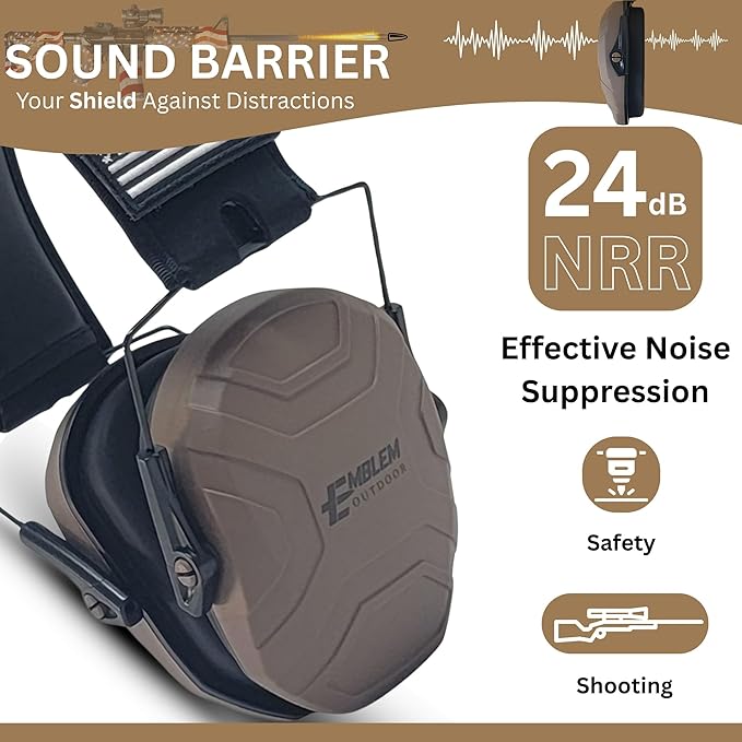 Shield XT Shooting Ear Protection for Gun Range | NRR 24dB | Construction Hearing Protection for Adults and Kids | Slim Noise Reducing Ear Muffs for Sport and Safety (Brown) by Emblem OD