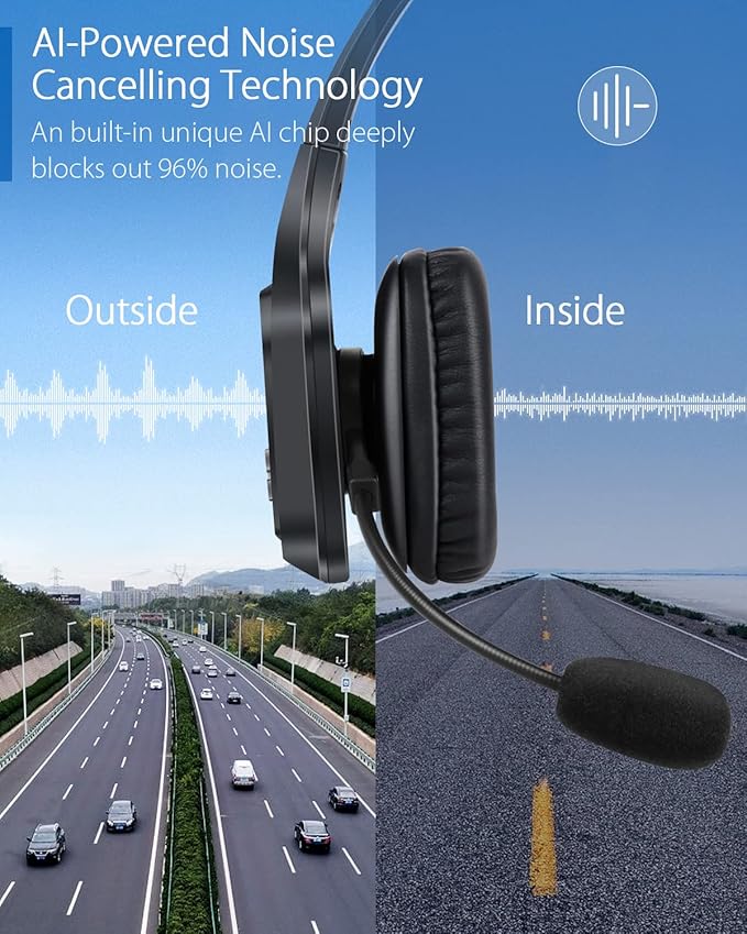 HomeSpot JM100 Trucker Bluetooth Headset with AI Noise Canceling, Wireless Headset with Rotatable Microphone and Big Mute Button, 34 Hrs Talk Time for Trucking, Home Office, Call Center