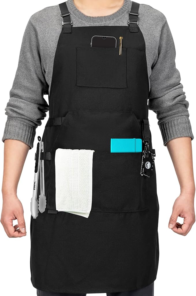 Canvas Chef Apron – Cross Back Straps Mens Apron for Butcher, Bartender, Grilling, BBQ, Kitchen, Workshop & Artist