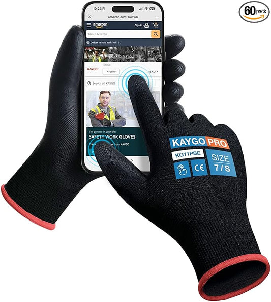 KAYGO Safety Work Gloves PU Coated for Men and Women, 60 Pairs KG11PB, Seamless Knit Glove with Two Fingers Touchscreen, breathable and lightweight Ideal for General Duty Work (Small,Black)