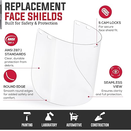 Replacement Face Shields – Clear Polycarbonate Visor, Face Shield Replacements for Safety Headgear with Face Shield (Case of 200)