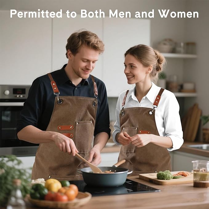 Chef Aprons for Women Men with Large Pockets, Polyester cotton hick canvas Waterproof Work Aprons,Adjustable Straps