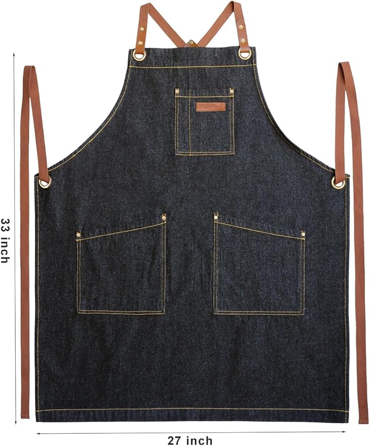 Black Denim Apron with Pockets for Women Men, for Chef Kitchen Cooking Hairstylist BBQ Grill Painting, Leather Cross Back Straps & Adjustable S to XXL