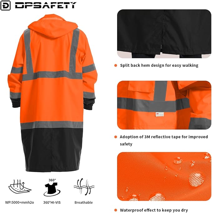 Hi Vis Rain Jacket with 3M Reflective Stripe,High Visibility Class 3 Rain coats,Safety Waterproof Rain Suits for Men with Hood and 2 Large Pockets construction work rain gear(Orange M)
