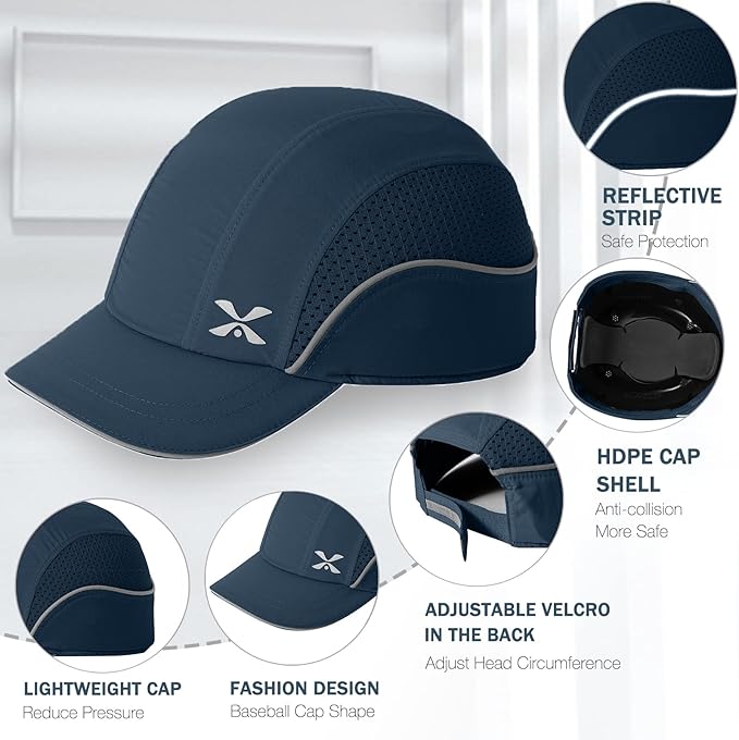 Lightweight Safety Bump Cap - Breathable Baseball Style Protective Hat with Reflective Stripes