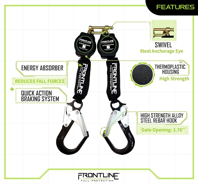 Frontline RPA062RA 6' Aramid Web Twin Leg SRL with Aluminum Rebar Hook Ends | 310 lbs Capacity | Lightweight & Durable | Aramid Fiber Webbing | ANSI & OSHA Compliant | ISO Lab Tested