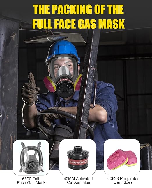 Full Face Gas Mask Respirator: Survival Nuclear and Chemical Reusable Respirator Mask with Filters 60923, Activated Carbon 40mm Filter for Painting Mold Dust Epoxy Resin Welding Polishing