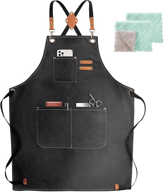 Chef Apron,Cross Back Apron for Women and Men,Cotton Canvas Apron with Adjustable Straps and Large Pockets,Kitchen Cooking Baking Bib Apron