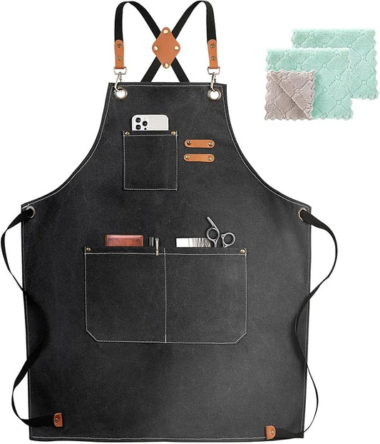 Chef Apron,Cross Back Apron for Women and Men,Cotton Canvas Apron with Adjustable Straps and Large Pockets,Kitchen Cooking Baking Bib Apron