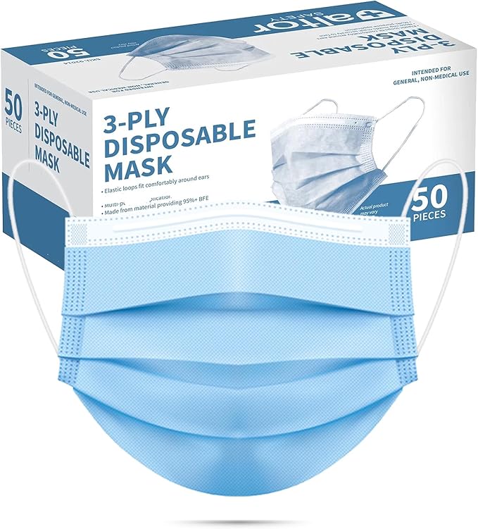 50pcs Blue Disposable Face Mask for Adults Women Men, 3-Ply Solid Blue Breathable Earloop Full Face Protection