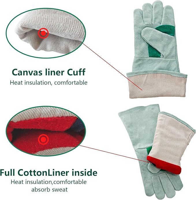 Welding Gloves 16 Inches 2 Pack,Heat Resistant Oven Mitts, 932℉ - Fireproof Leather Work Gloves for bbq/Grill, Baking,Furnace,Stove,Pot Holder,Fireplace, Animal Handling, Welding Accessories.