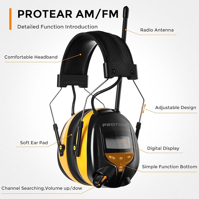 AM/FM Radio Headphones 25dB NRR,Noise Reduction Safety Earmuffs,Digital Display Headset,Powered by AA Battery,Hearing Protection for Walkman Mowing Lawn Work(Yellow)