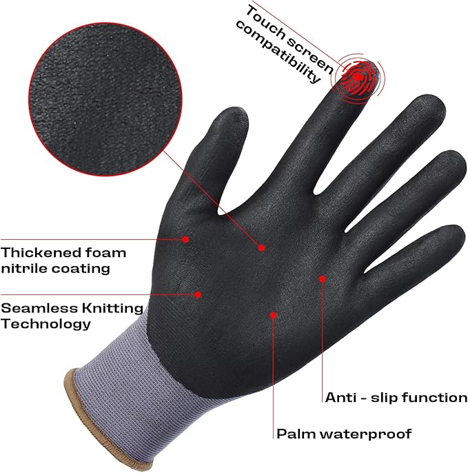 JDL Work Gloves with Micro Foam Nitrile Coated, Touch Screen Compatible,US Patent Seamless Knit Nylon Safety Gloves