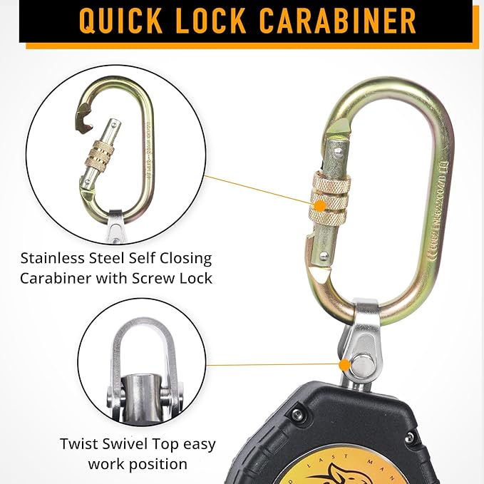 TRSMIMA Fall Protection Retractable Lanyard - 6FT Construction Self-Retracting Lanyard Fall Arrest Safety Roofing Heavy Duty Leading Positioning ANSI OSHA Class B