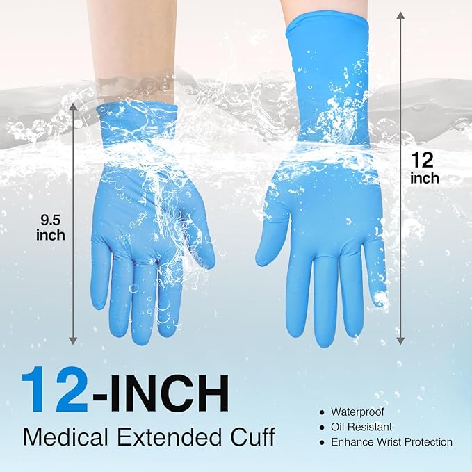 Schneider Nitrile Exam Gloves, Extended 12 Inches Cuff, Medium, 4 mil, 50-ct Box, Gloves Disposable Latex Free, Powder Free for Medical, Food Prep, Cleaning, Cooking, Blue
