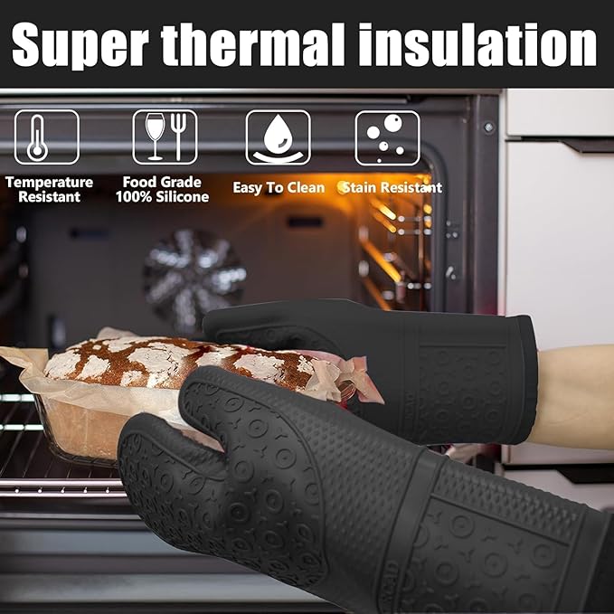Oven Mitts with Heat-Resistant Hot Pads and Five Silicone Spatulas Designed for Kitchen Baking Cooking, Oven Glove Soft Cotton Lining, Waterproof, BPA-Free (Black& Trivet, 12.6)