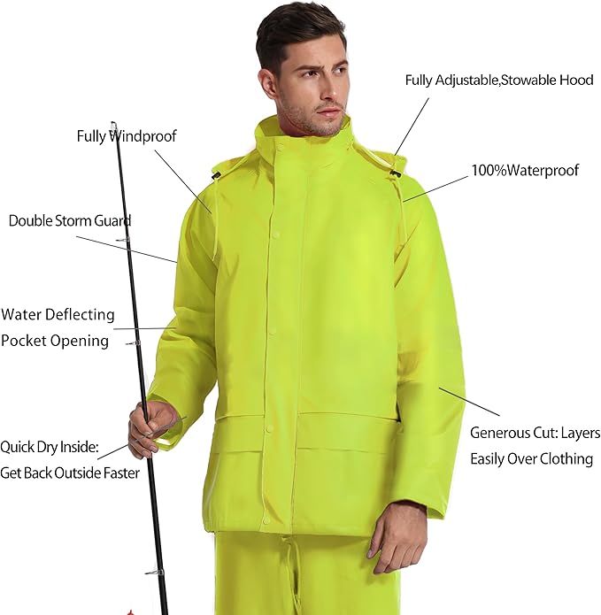 Men's Workwear PRO Rain Suit - Waterproof Jacket and Bib Pants 3-piece Set for Ultimate Safety and Comfort