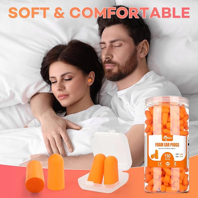 VOISEN 150 Pairs Foam Ear Plugs, Ear Plugs for Sleeping Noise Cancelling, 32dB NRR, 37dB SNR Earplugs for Sleeping, Snoring, Studying, Loud Events, Traveling & Concerts, A Storage Box, Orange