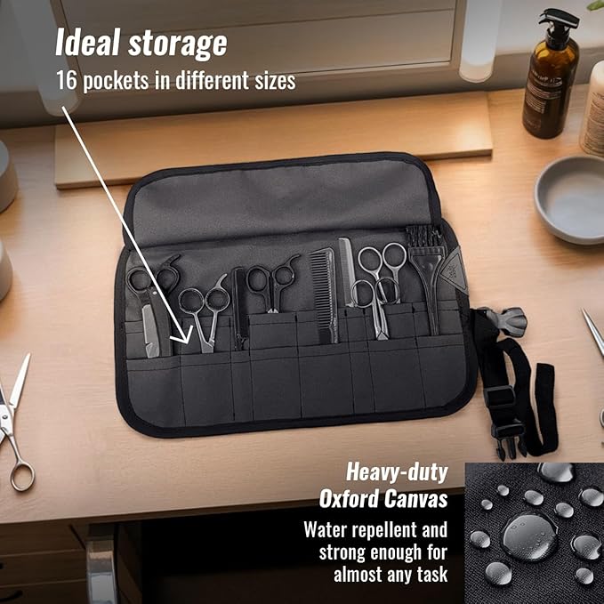 Under NY Sky Salon Scissors Roll Up Holder – Professional Oxford Canvas Pouch Case for Hair Stylists, Barbers & Hairdressers – Portable Storage Organizer for Hair Cutting Shears & Salon Tools - Grey