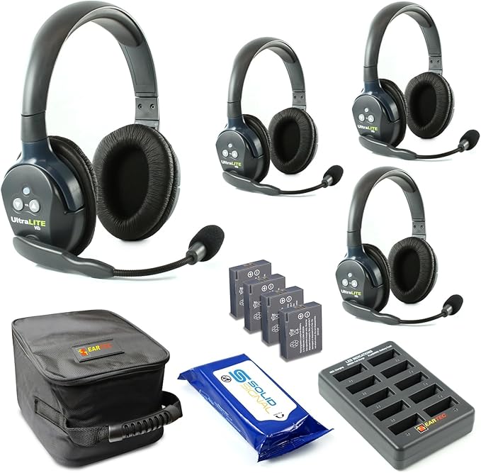 Eartec UL4D Ultralite Full Duplex Wireless Headset Communication for 4 Users - 4 Dual Ear Headsets with SolidSignal Cleaning Wipes Bundle