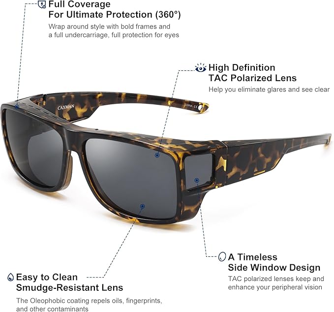CAXMAN Fit Over Glasses Sunglasses Polarized Wrap Around Sunglasses with Side Window Shields for Full Protection