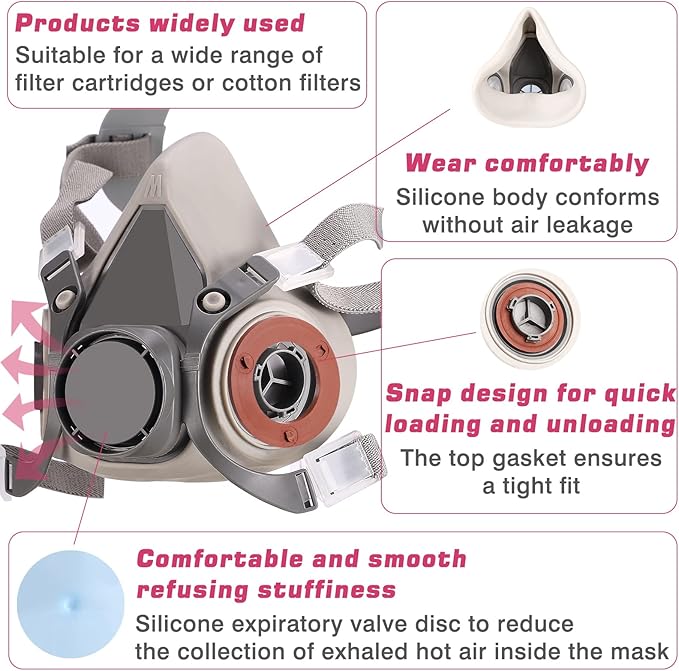 Reusable Respirator Mask with 60926 Filter,6200 Half Facepiece Cover Professional Gas Masks,Spray Paint Mask for Painting,Formaldehyde,Epoxy Resin,Sanding,Cutting,welding