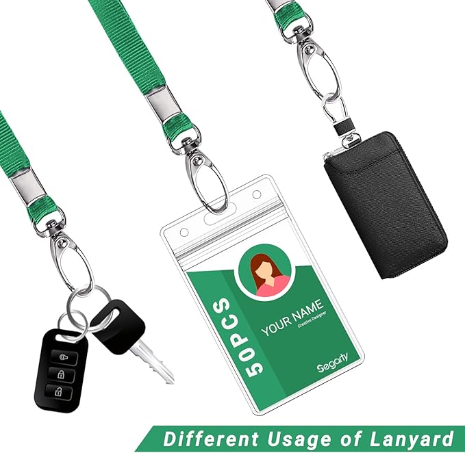 Segarty Lanyards with ID Holder, 50 Pack Vertical Badge Clear Plastic Name Tags Neck Key Card Bulk, Green Strap Clips Waterproof Ziplock Nametag Protector for Women, Business, Student, School, Office