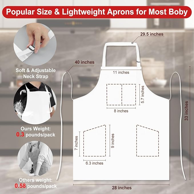 3 Pcs Dual Waterproof Oilproof Kitchen Chef Aprons with 4 Pockets for Men Women, Adjustable Soft Anti-Tear Cooking Bib Apron for Baking Grilling BBQ Painting Cleaning (White)