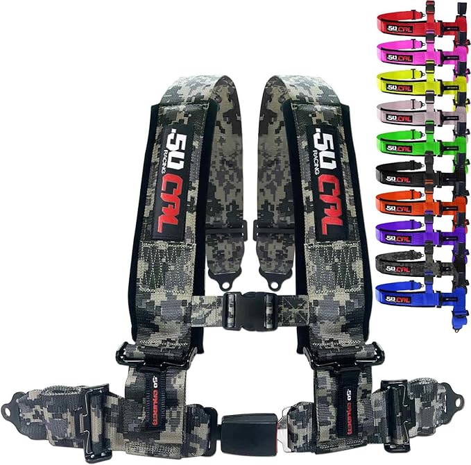 Camouflage 4 Point Harness for Bucket Seat, Push Button Release, 10 Color Options, Racing Harness, Race Car, Off Road Vehicle, UTV, RZR (1 Unit) [6039]
