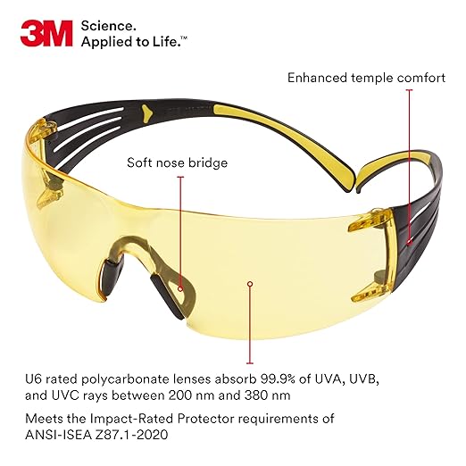 3M Safety Glasses, SecureFit, 20 Pack, ANSI Z87, Scotchgard Anti-Fog Anti-Scratch, Amber Lens, Yellow/Black Frame, Flexible Temples