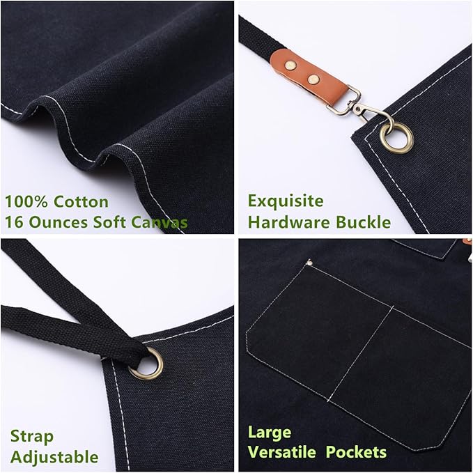 Chef Apron Medium-Thick Cotton Canvas,Cross Back with Multiple Pockets Adjustable Work Apron for Men and Women (Black)