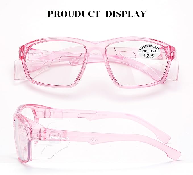 ProtectX Stylish Anti-Fog & Scratch-Resistant Safety Glasses With Readers, UV Protection Goggles, Anti-Impact Lightweight Glasses for Men＆Women Pink Reading 2.5-2 Pack