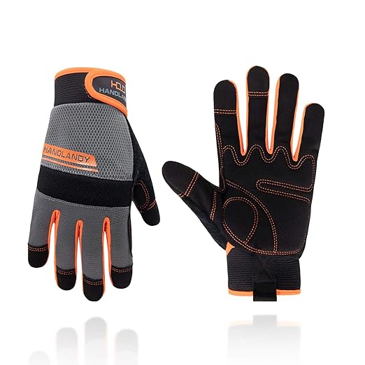 HANDLANDY Work Gloves Mens & Women, Utility Safety Mechanic Working Gloves Touch Screen, Flexible Breathable Yard Work Gloves (Large, Orange)