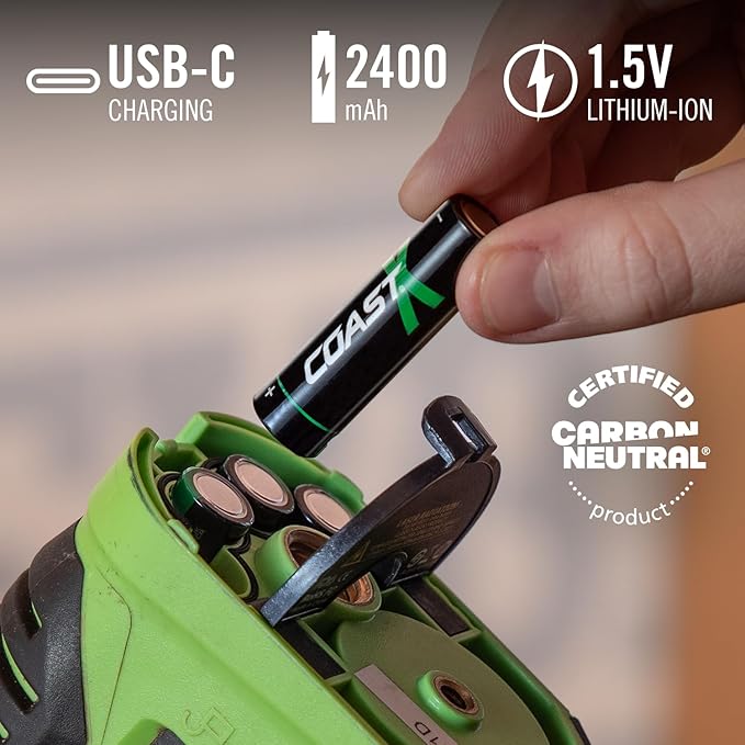 Coast AA USB-C Rechargeable Batteries, ZITHION-X, Lithium Ion 1.5v 2400 mAh, Long Lasting, Charges Under 2.5 Hours, Charging Cable Included, 12-Battery Pack