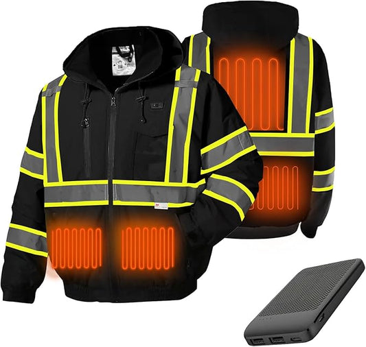 SKSAFETY Heated Safety Bomber Jacket, Class 3 Hi-Vis Waterproof Coat, 3M Reflective Tape, Work Construction Coats