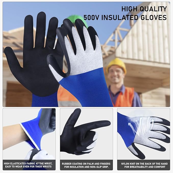 Xin Tester Electrical Insulated Gloves 500V, Electrician Work Gloves Rubber Low Voltage Resistance Non-Slip Texture Electrician Tool, Finger Tips Touch Smart Device Screen(Blue)