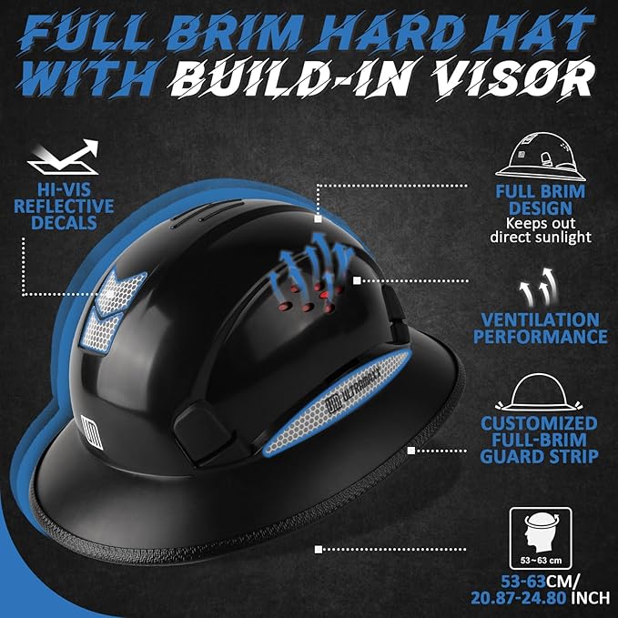Full Brim Hard Hat with Built-in Visor, ANSI Z89.1 OSHA Approved Construction Safety Helmet with Chin Strap for Men Women