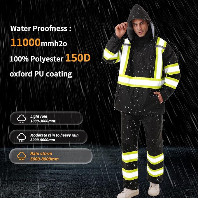 Hi Vis Safety rain Jacket，Reflective Class 3 Rain coat with Inner Mesh Lining and Pockets High Visibility Waterproof work Rain Suits for men&women（Black,4XL/5XL）
