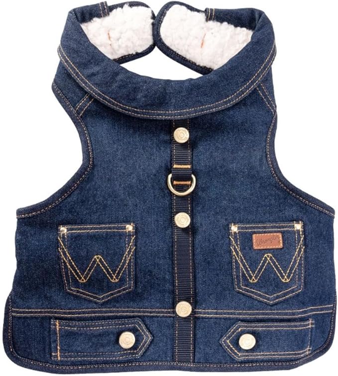 Wrangler Dark Wash Dog Vest Harness with Sherpa-XS