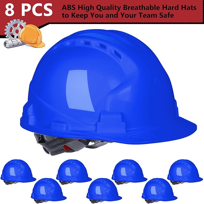 Leumoi 8 Pieces 4 Pt. Suspension Hard Hat Bulk Safety Helmets Adjustable Ratchet Hard Hats with Vents and Cotton Brow Pad ABS Construction Hardhats for Men Work Head Protection Supplies