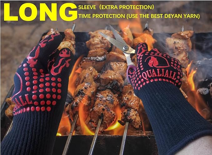 BBQ Gloves, 1472°F, EN407 Certified. Extreme Heat Resistant, Long Sleeve, Anti-Slip, Sweat Absorption, Comfier Easier and Safer for Grilling, Barbecue, Smoking, Cooking, Baking, Pot Holding. Red