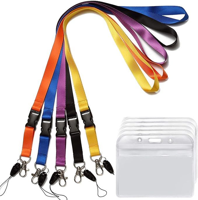 YOUOWO 5Pack Neck Lanyards with Horizontal ID Badge For Office Cruise Badges Holder,Black Blue Yellow Orange Purple
