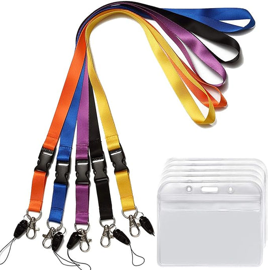 YOUOWO 5Pack Neck Lanyards with Horizontal ID Badge For Office Cruise Badges Holder,Black Blue Yellow Orange Purple