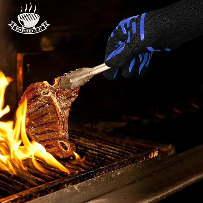 BBQ Gloves, 1472°F Heat Resistant Grilling Gloves, Silicone Non-Slip Long Cooking Gloves for Kitchen, Oven, Baking Campfire and Smoker, EN407 Certified, Blue, XL Size, 1 Pair