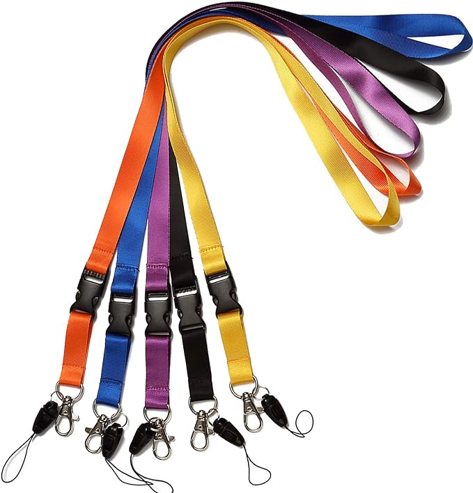 YOUOWO 5 Pack Nylon Office Neck Lanyards Detachable Buckle Enhanced Model Hook Breakaway Strap Lanyard for ID Badge,Key,Women,Men,Phones,USB,Whistles,Black,Blue,Yellow,Orange,Purple