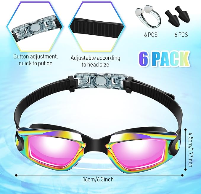 Flutesan 6 Pack Swimming Goggles Adult Kids Anti Fog Pool Goggles with Ear Plugs Nose Clip No Leaking Full Protection