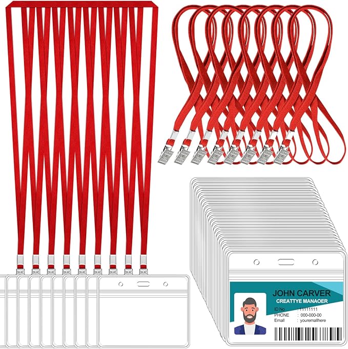 Clear Horizontal Badge ID Card and Lanyard, Reusable Lanyards for Id Badge Holder Name Tag Badge Holder with Lanyards for Adults Kids Business School Conferences (Red)