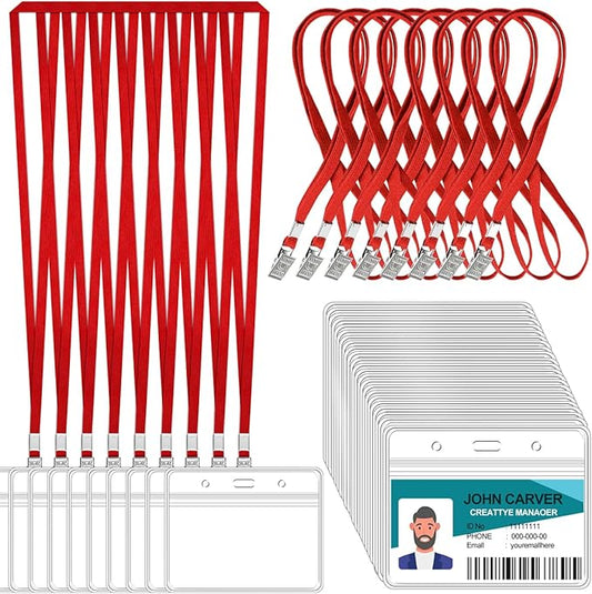 Clear Horizontal Badge ID Card and Lanyard, Reusable Lanyards for Id Badge Holder Name Tag Badge Holder with Lanyards for Adults Kids Business School Conferences (Red)